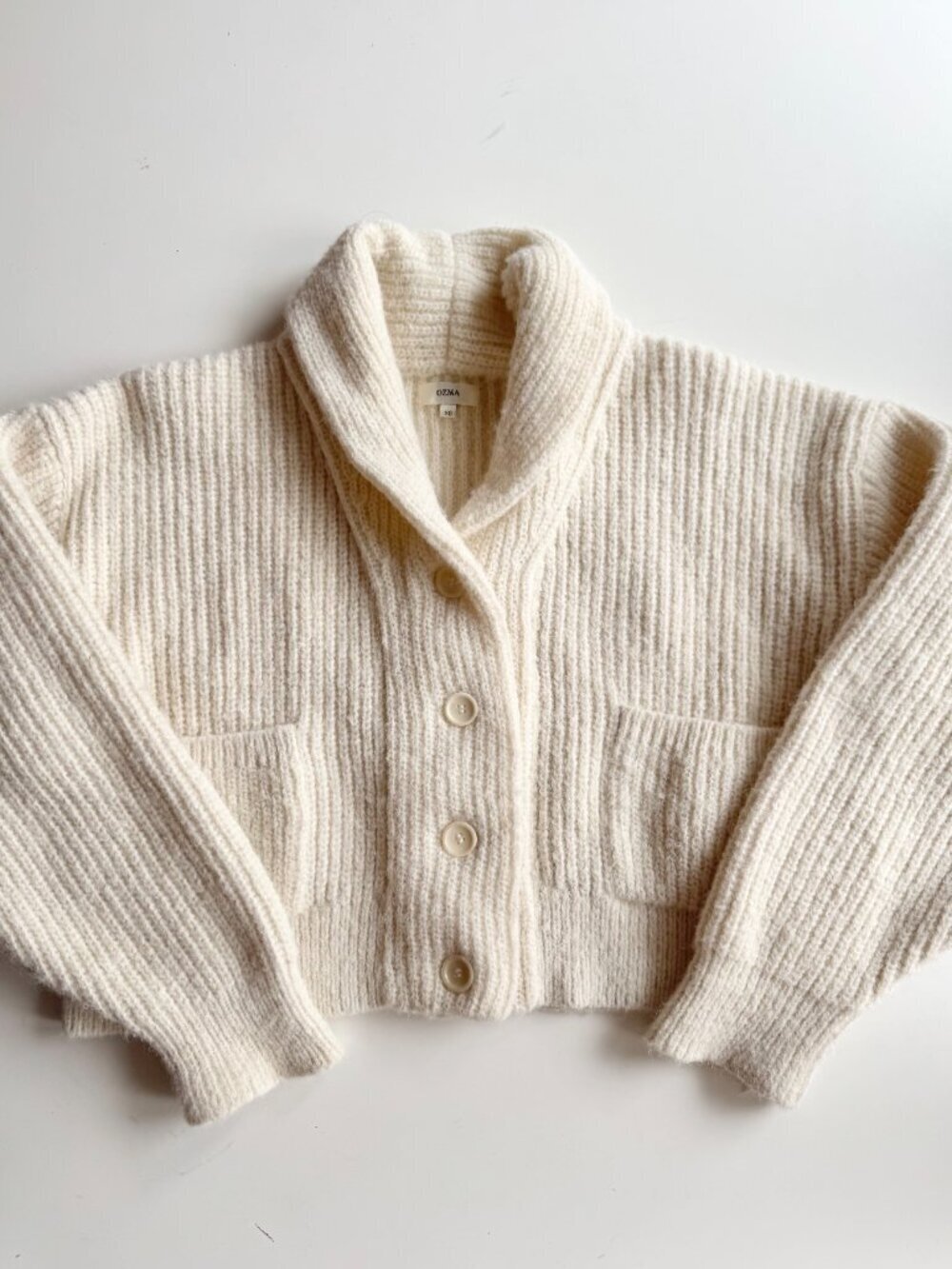 OZMA Sloan Brush Ivory Alpaca Blend Knit Cropped Shawl Cardigan Sweater, Size XS - Picture 6 of 13